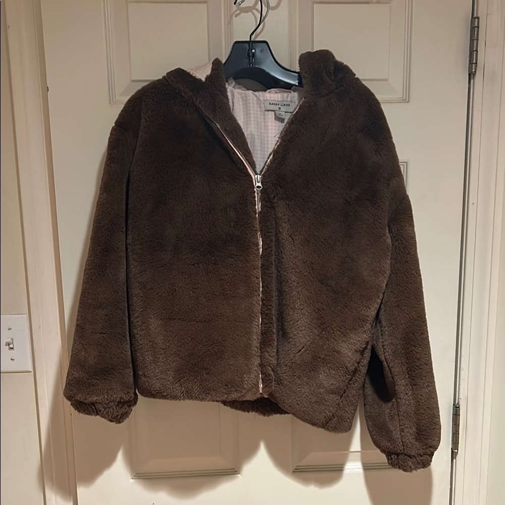 Sandy Liang faux fur Brown Jacket with full front zip and pink gingham lining